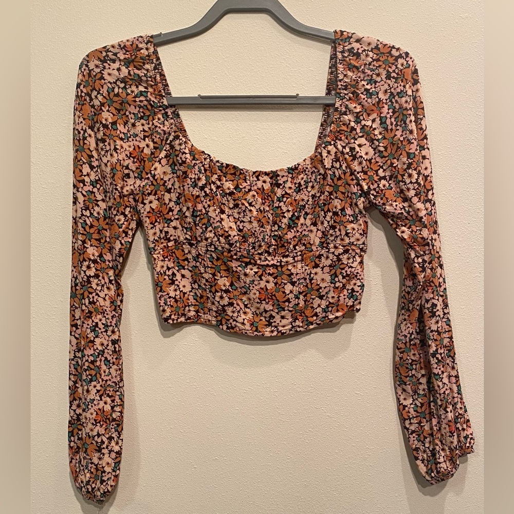 Orange and Pink Floral Puff Sleeve Crop Top
